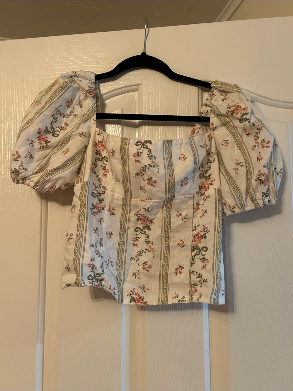 Reformation Cream Floral Puff-Sleeve Square Neck Top